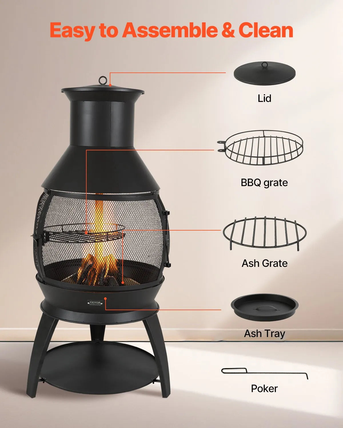 VEVOR Outdoor Wood Burning Fire Pit Chimney 56 cm, Iron Spherical Fireplace with BBQ Grill, Chimney Cap and Rust-Resistant Lid, Suitable for Terrace, Garden and Yard