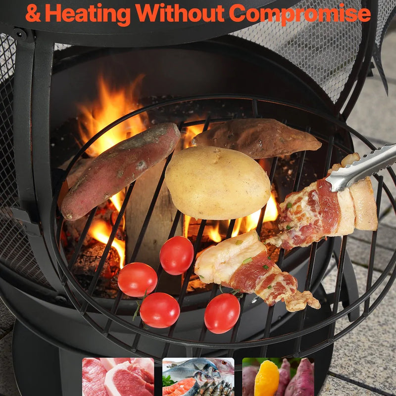 VEVOR Čimineja 56 cm āra malkas ugunskura krāsns, dzelzs sfēriska kamīna forma ar BBQ režģi, skursteņa pārsegu un rūsasizturīgu vāku, piemērota terasei, dārzam un pagalmai