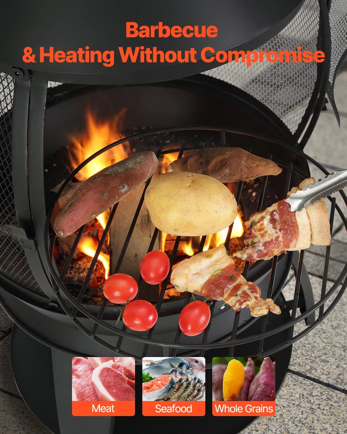 VEVOR Outdoor Wood Burning Fire Pit Chimney 56 cm, Iron Spherical Fireplace with BBQ Grill, Chimney Cap and Rust-Resistant Lid, Suitable for Terrace, Garden and Yard