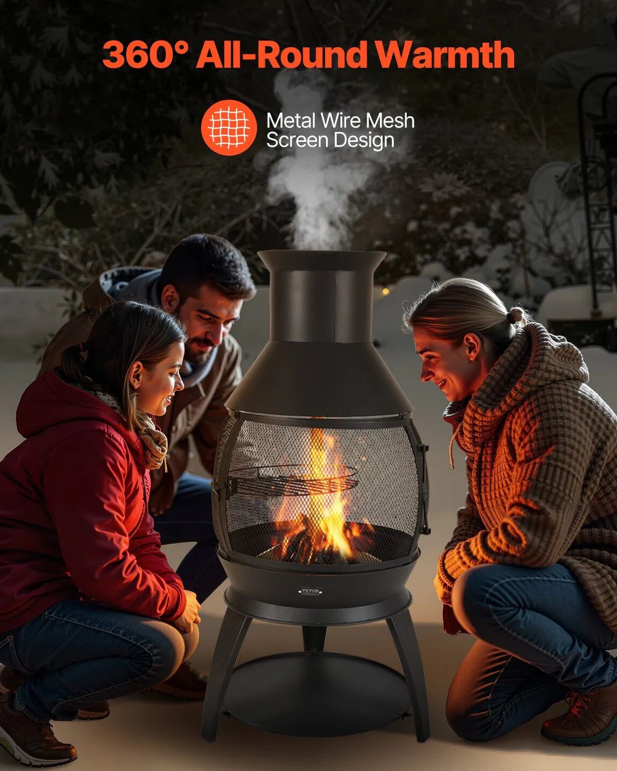 VEVOR Outdoor Wood Burning Fire Pit Chimney 56 cm, Iron Spherical Fireplace with BBQ Grill, Chimney Cap and Rust-Resistant Lid, Suitable for Terrace, Garden and Yard
