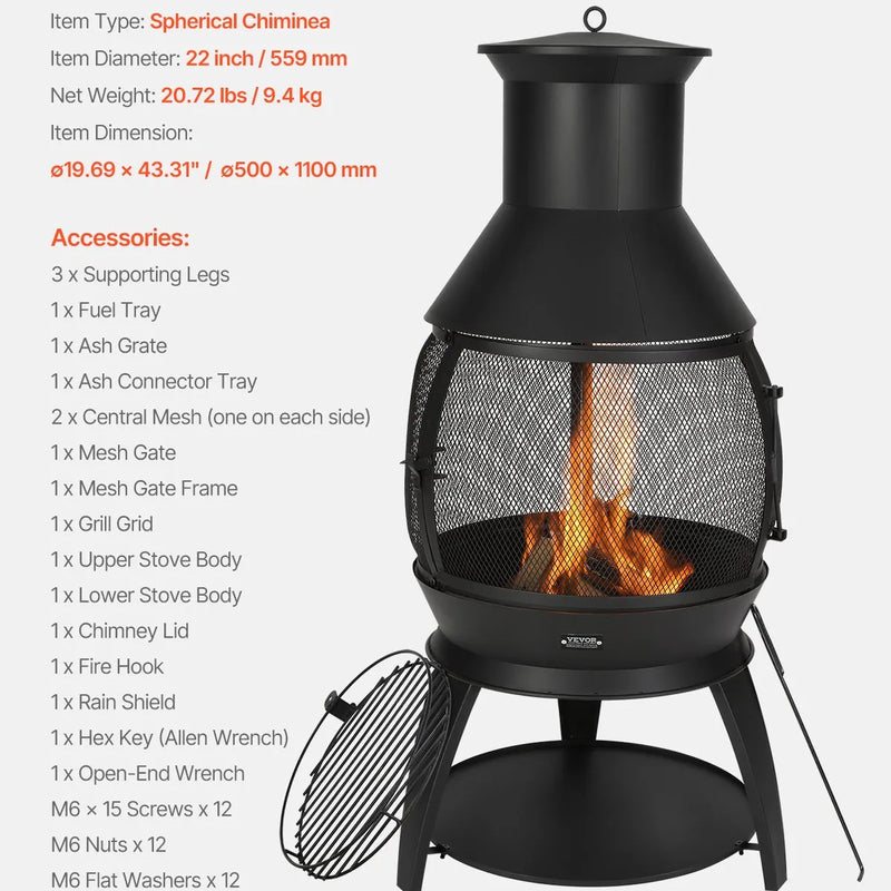 VEVOR Čimineja 56 cm āra malkas ugunskura krāsns, dzelzs sfēriska kamīna forma ar BBQ režģi, skursteņa pārsegu un rūsasizturīgu vāku, piemērota terasei, dārzam un pagalmai
