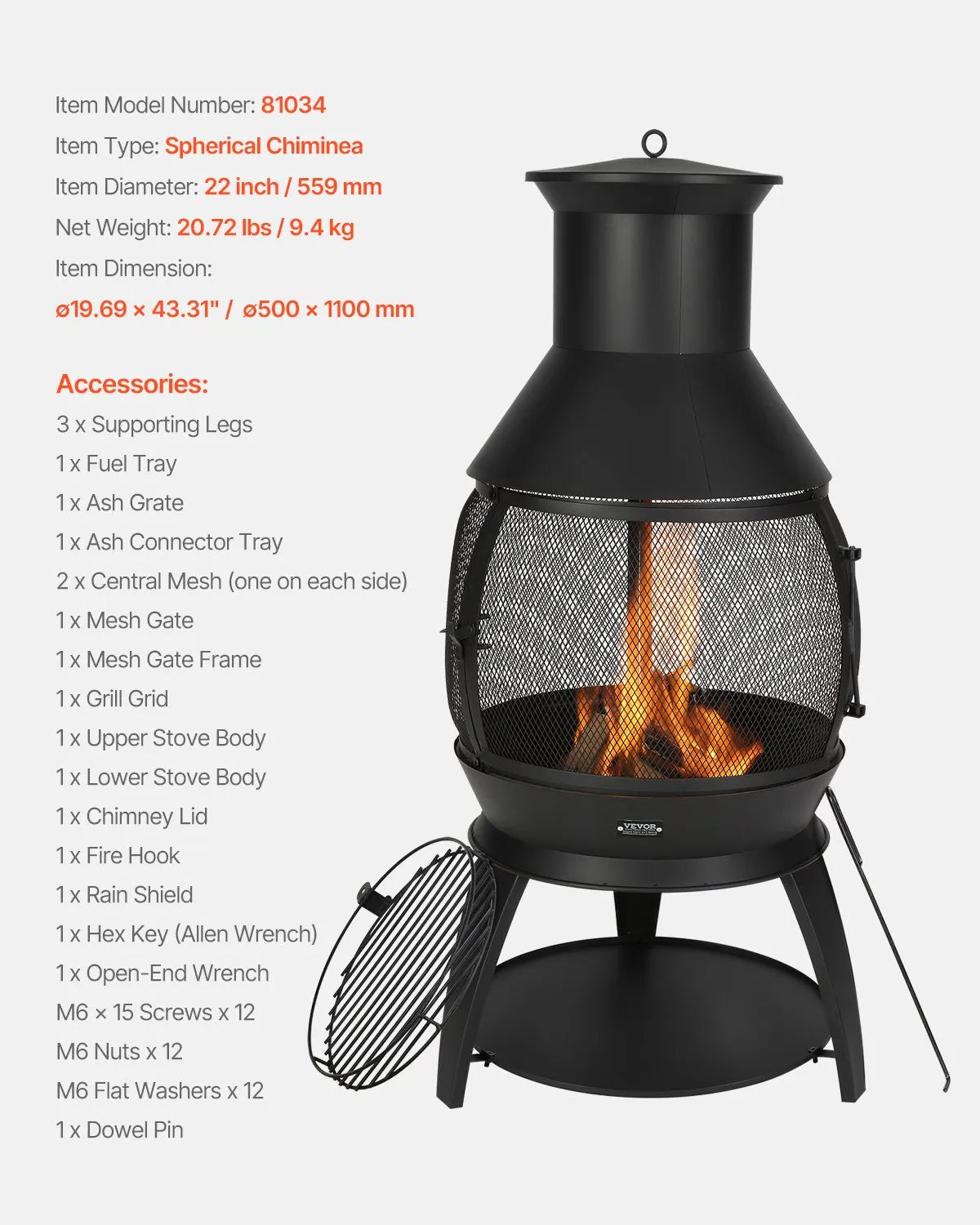 VEVOR Outdoor Wood Burning Fire Pit Chimney 56 cm, Iron Spherical Fireplace with BBQ Grill, Chimney Cap and Rust-Resistant Lid, Suitable for Terrace, Garden and Yard