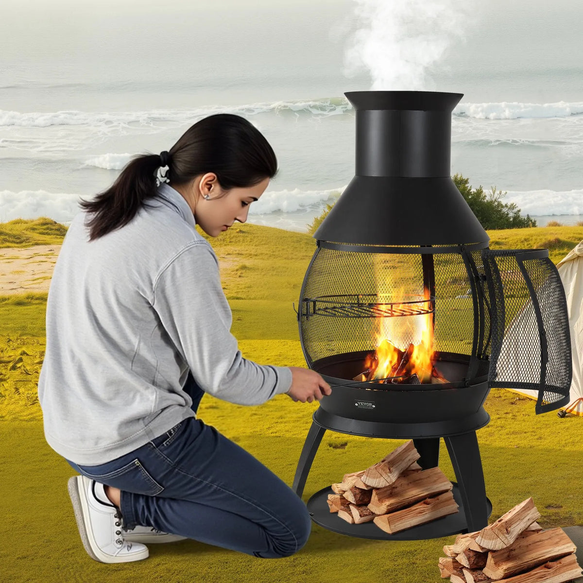 VEVOR Outdoor Wood Burning Fire Pit Chimney 56 cm, Iron Spherical Fireplace with BBQ Grill, Chimney Cap and Rust-Resistant Lid, Suitable for Terrace, Garden and Yard