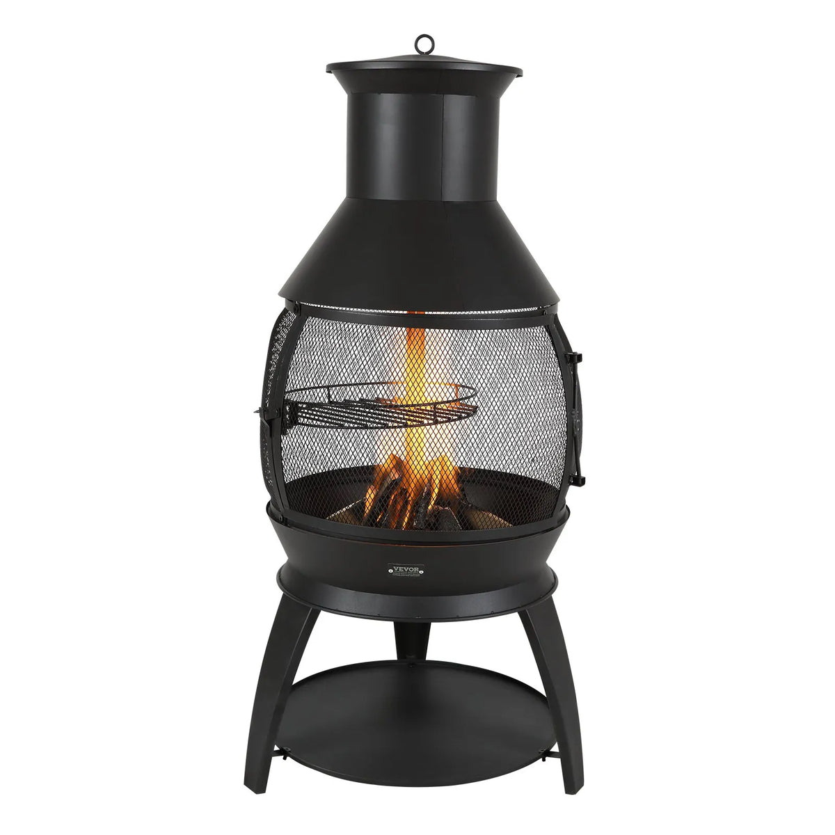 VEVOR Outdoor Wood Burning Fire Pit Chimney 56 cm, Iron Spherical Fireplace with BBQ Grill, Chimney Cap and Rust-Resistant Lid, Suitable for Terrace, Garden and Yard
