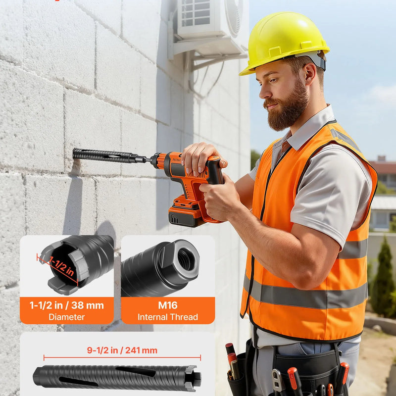 VEVOR dimanta kroņurbis, 38 mm diametrs, 241 mm urbšanas dziļums, M16 iekšējā vītne, sausās urbšanas kroņurbis ar 3 adapteriem, vadurbīti un sešstūra atslēgu, paredzēts dzelzsbetonam, sarkanajiem ķieģeļiem un mūra materiāliem