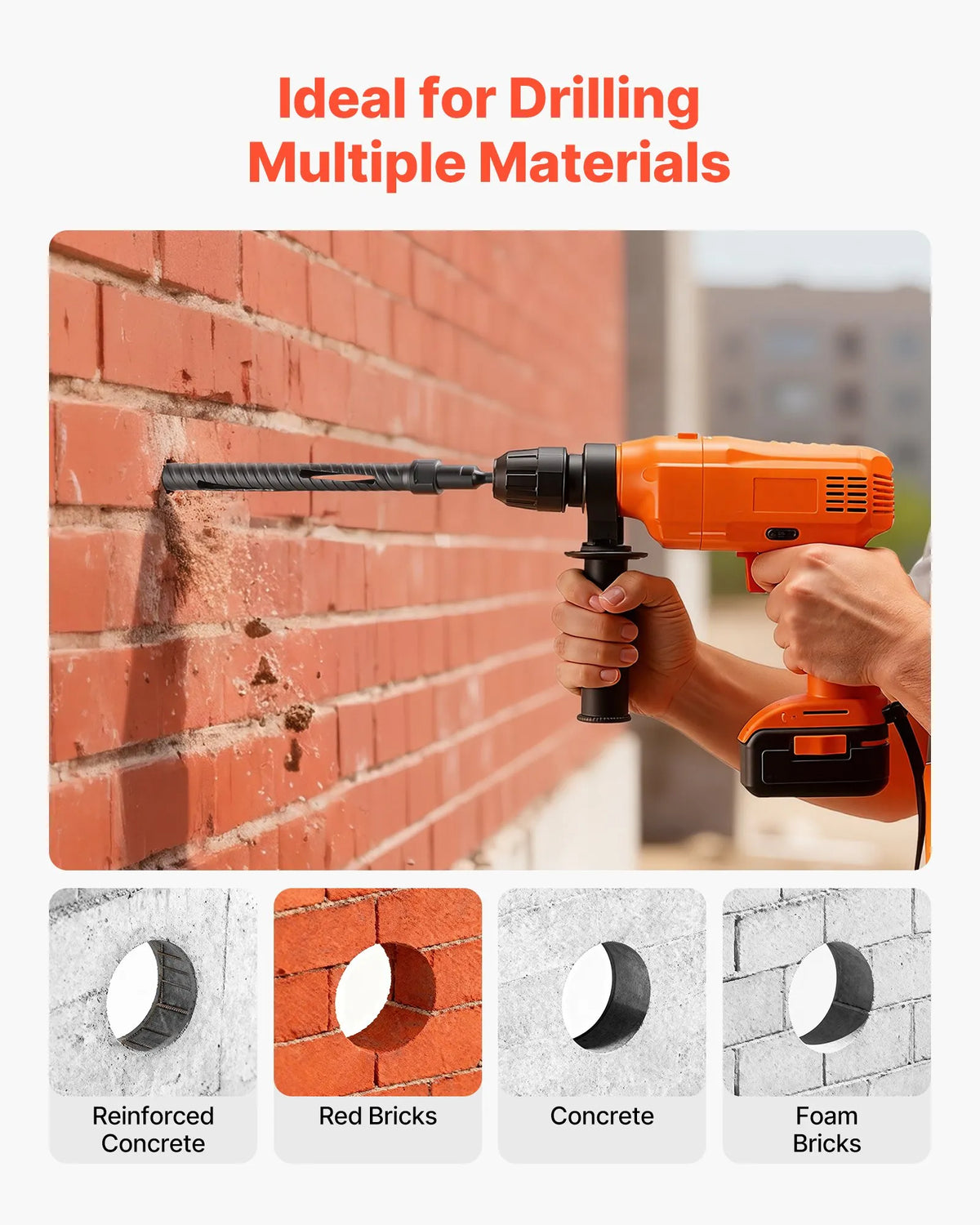 VEVOR Diamond Core Drill Bit for Dry Drilling, 25 mm Diameter, 241 mm Drilling Depth, M16 Internal Thread, Includes 3 Adapters, Centre Drill and Hex Key for Reinforced Concrete, Bricks and Masonry