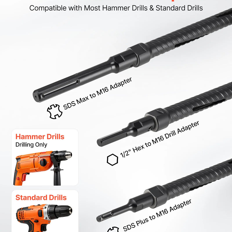 VEVOR dimanta kroņurbis sausajai urbšanai, diametrs 25 mm, urbšanas dziļums 241 mm, M16 iekšējā vītne, komplektā 3 adapteri, centrurbis un sešstūra atslēga dzelzsbetonam, ķieģeļiem un mūrim