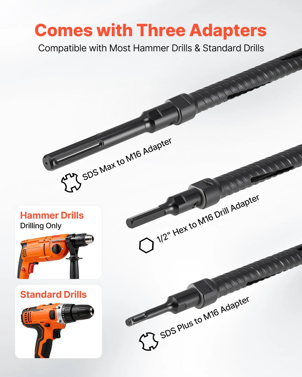 VEVOR Diamond Core Drill Bit for Dry Drilling, 25 mm Diameter, 241 mm Drilling Depth, M16 Internal Thread, Includes 3 Adapters, Centre Drill and Hex Key for Reinforced Concrete, Bricks and Masonry