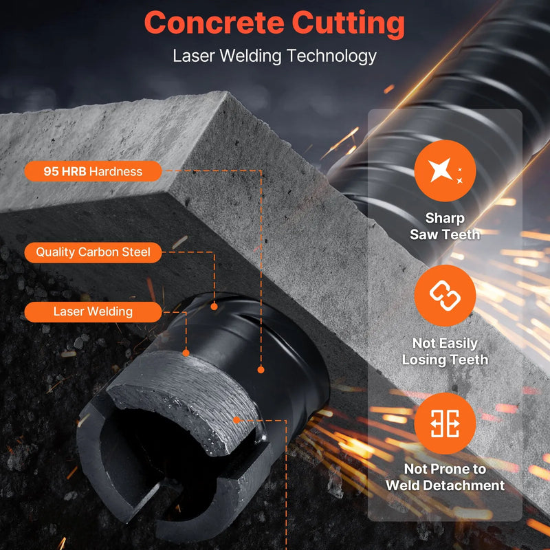 VEVOR dimanta kroņurbis sausajai urbšanai, diametrs 25 mm, urbšanas dziļums 241 mm, M16 iekšējā vītne, komplektā 3 adapteri, centrurbis un sešstūra atslēga dzelzsbetonam, ķieģeļiem un mūrim