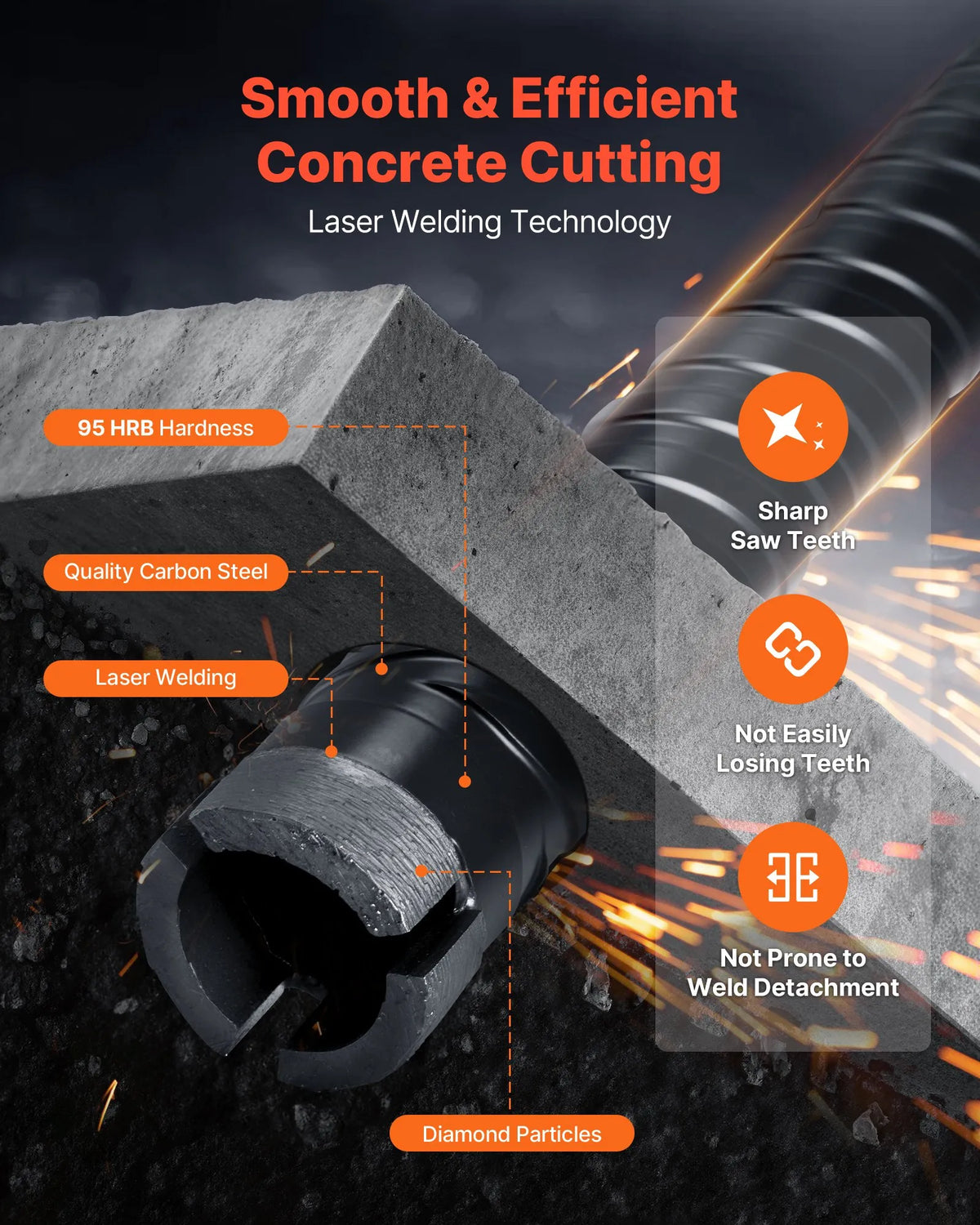 VEVOR Diamond Core Drill Bit for Dry Drilling, 25 mm Diameter, 241 mm Drilling Depth, M16 Internal Thread, Includes 3 Adapters, Centre Drill and Hex Key for Reinforced Concrete, Bricks and Masonry