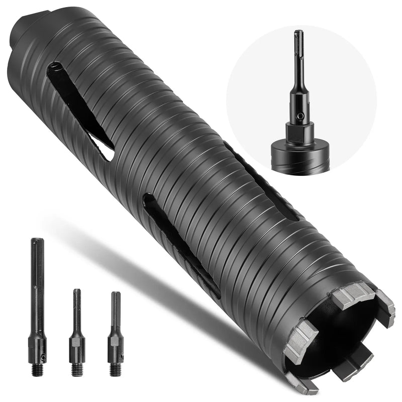 VEVOR dimanta kroņurbis sausajai urbšanai, diametrs 64 mm, urbšanas dziļums 241 mm, M16 iekšējā vītne, komplektā 3 adapteri, centrurbis un sešstūra atslēga dzelzsbetonam, ķieģeļiem un mūrim