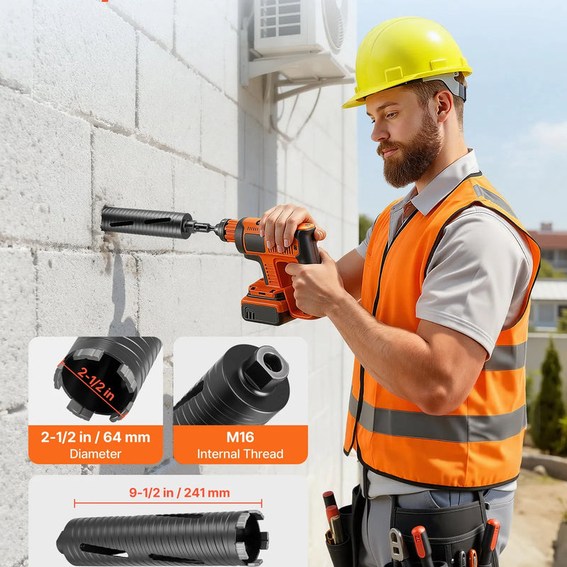 VEVOR dimanta kroņurbis sausajai urbšanai, diametrs 64 mm, urbšanas dziļums 241 mm, M16 iekšējā vītne, komplektā 3 adapteri, centrurbis un sešstūra atslēga dzelzsbetonam, ķieģeļiem un mūrim