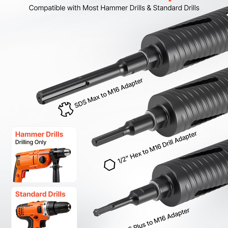 VEVOR dimanta kroņurbis sausajai urbšanai, diametrs 64 mm, urbšanas dziļums 241 mm, M16 iekšējā vītne, komplektā 3 adapteri, centrurbis un sešstūra atslēga dzelzsbetonam, ķieģeļiem un mūrim