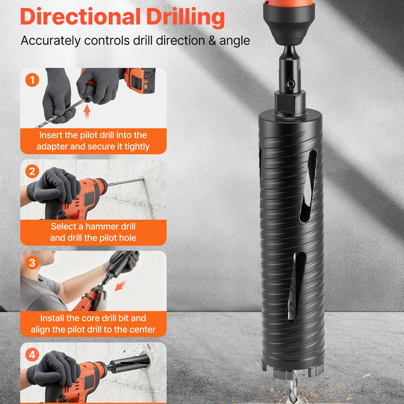 VEVOR dimanta kroņurbis sausajai urbšanai, diametrs 64 mm, urbšanas dziļums 241 mm, M16 iekšējā vītne, komplektā 3 adapteri, centrurbis un sešstūra atslēga dzelzsbetonam, ķieģeļiem un mūrim
