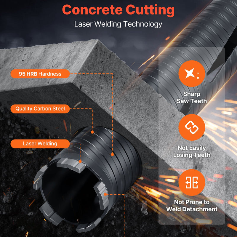 VEVOR dimanta kroņurbis sausajai urbšanai, diametrs 64 mm, urbšanas dziļums 241 mm, M16 iekšējā vītne, komplektā 3 adapteri, centrurbis un sešstūra atslēga dzelzsbetonam, ķieģeļiem un mūrim