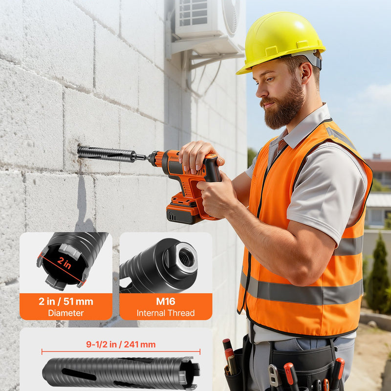 VEVOR dimanta kroņurbis sausajai urbšanai, diametrs 51 mm, urbšanas dziļums 241 mm, M16 iekšējā vītne, komplektā 3 adapteri, centrurbis un sešstūra atslēga dzelzsbetonam, ķieģeļiem un mūrim