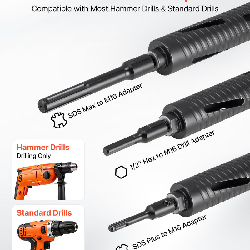 VEVOR dimanta kroņurbis sausajai urbšanai, diametrs 51 mm, urbšanas dziļums 241 mm, M16 iekšējā vītne, komplektā 3 adapteri, centrurbis un sešstūra atslēga dzelzsbetonam, ķieģeļiem un mūrim