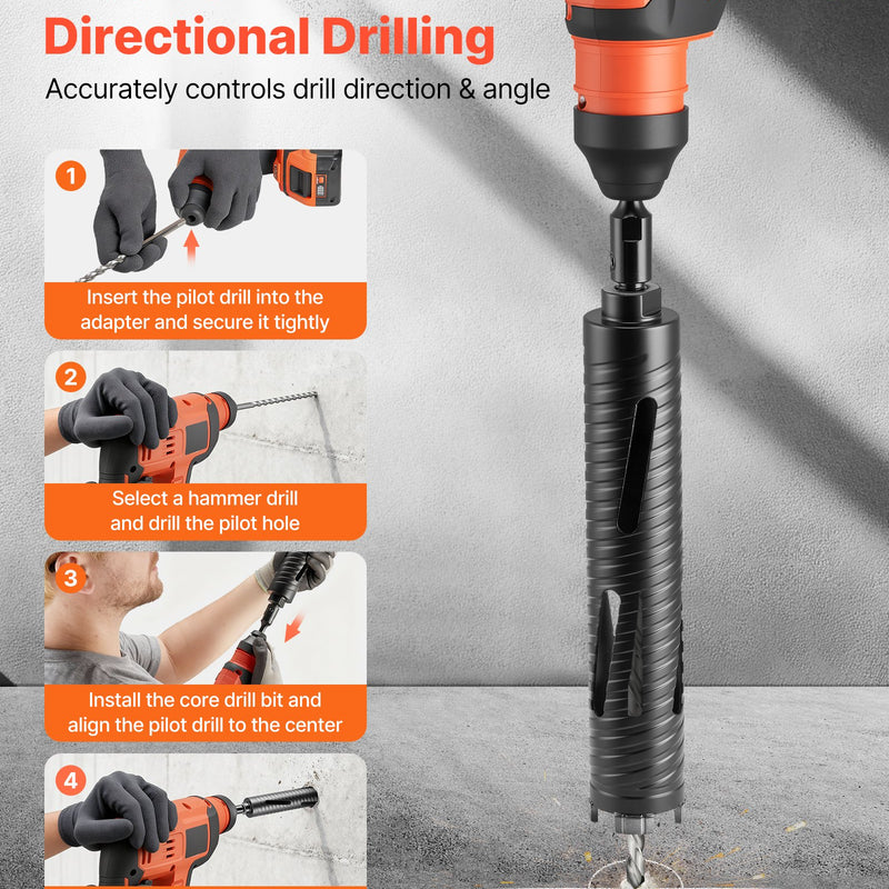 VEVOR dimanta kroņurbis sausajai urbšanai, diametrs 51 mm, urbšanas dziļums 241 mm, M16 iekšējā vītne, komplektā 3 adapteri, centrurbis un sešstūra atslēga dzelzsbetonam, ķieģeļiem un mūrim