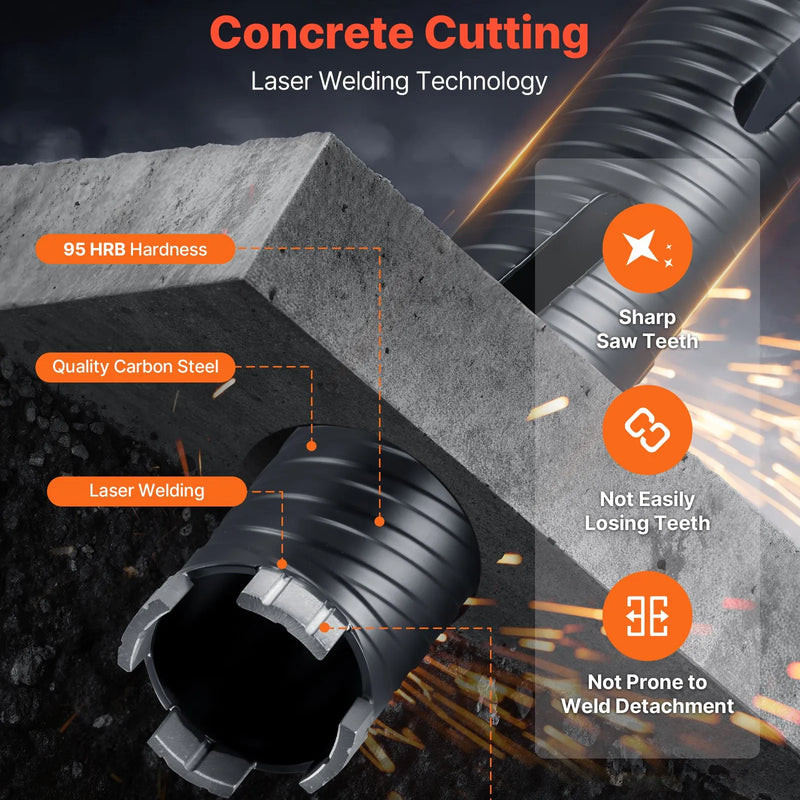 VEVOR dimanta kroņurbis sausajai urbšanai, diametrs 51 mm, urbšanas dziļums 241 mm, M16 iekšējā vītne, komplektā 3 adapteri, centrurbis un sešstūra atslēga dzelzsbetonam, ķieģeļiem un mūrim