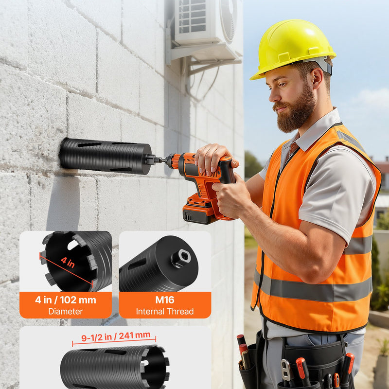 VEVOR dimanta kroņurbis sausajai urbšanai, diametrs 102 mm, urbšanas dziļums 241 mm, M16 iekšējā vītne, komplektā 3 adapteri, centrurbis un sešstūra atslēga dzelzsbetonam, ķieģeļiem un mūrim