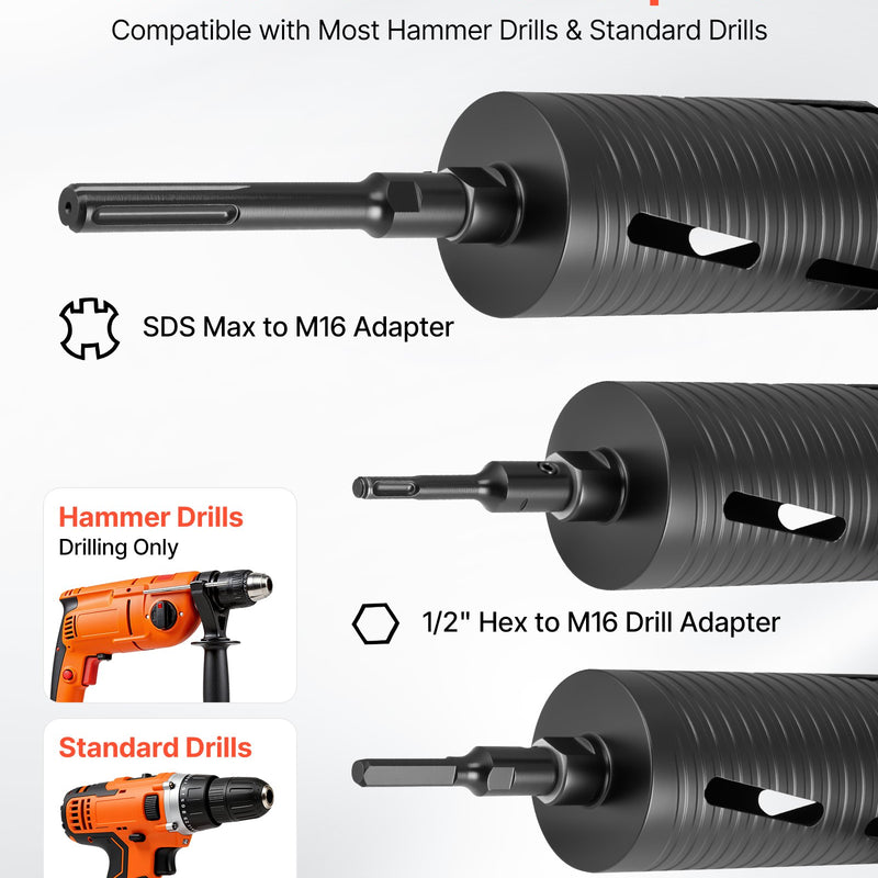 VEVOR dimanta kroņurbis sausajai urbšanai, diametrs 102 mm, urbšanas dziļums 241 mm, M16 iekšējā vītne, komplektā 3 adapteri, centrurbis un sešstūra atslēga dzelzsbetonam, ķieģeļiem un mūrim