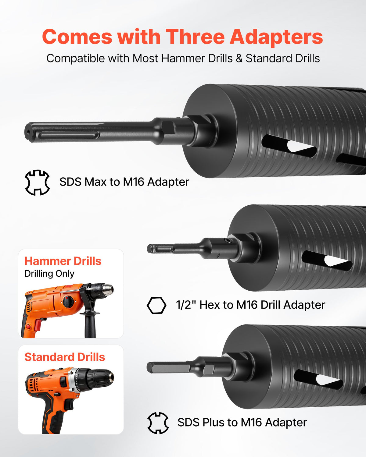 VEVOR Diamond Core Drill Bit for Dry Drilling, 102 mm Diameter, 241 mm Drilling Depth, M16 Internal Thread, Includes 3 Adapters, Centre Drill and Hex Key for Reinforced Concrete, Bricks and Masonry