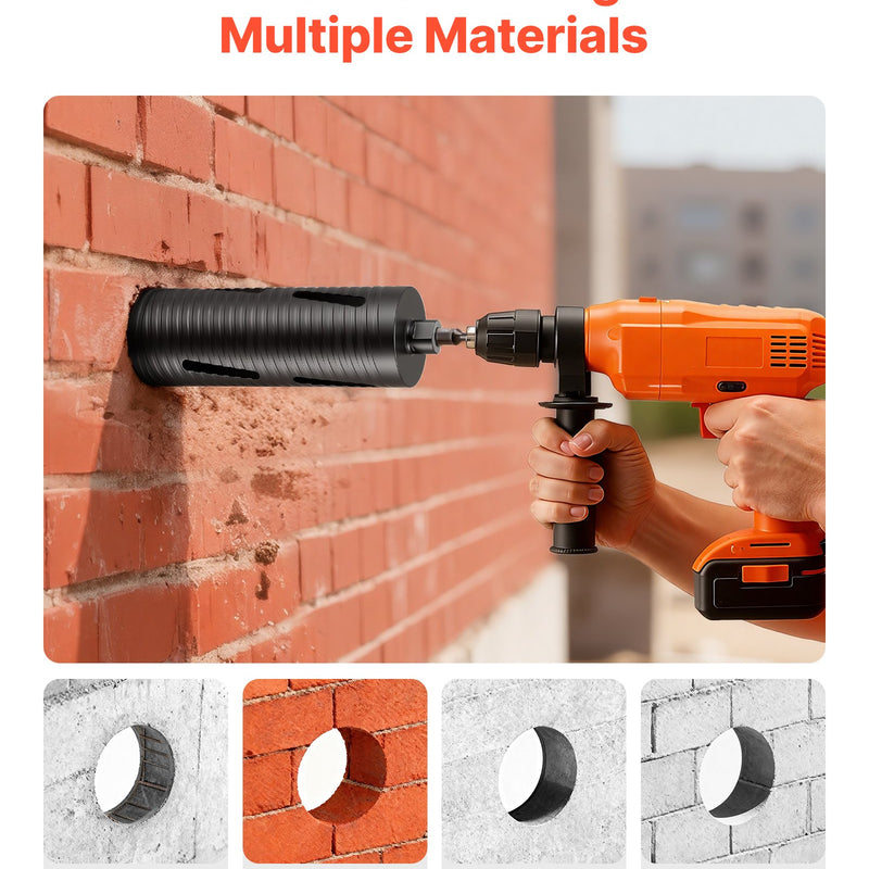 VEVOR dimanta kroņurbis sausajai urbšanai, diametrs 102 mm, urbšanas dziļums 241 mm, M16 iekšējā vītne, komplektā 3 adapteri, centrurbis un sešstūra atslēga dzelzsbetonam, ķieģeļiem un mūrim