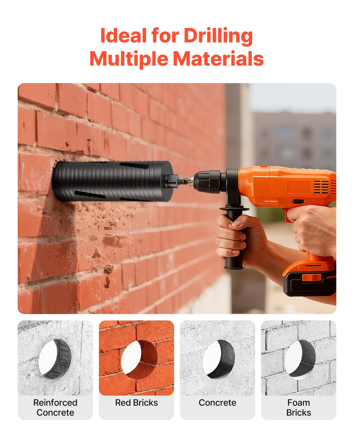 VEVOR Diamond Core Drill Bit for Dry Drilling, 102 mm Diameter, 241 mm Drilling Depth, M16 Internal Thread, Includes 3 Adapters, Centre Drill and Hex Key for Reinforced Concrete, Bricks and Masonry