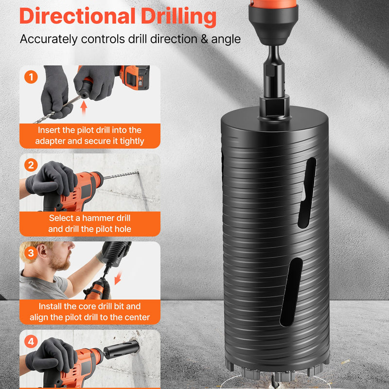 VEVOR dimanta kroņurbis sausajai urbšanai, diametrs 102 mm, urbšanas dziļums 241 mm, M16 iekšējā vītne, komplektā 3 adapteri, centrurbis un sešstūra atslēga dzelzsbetonam, ķieģeļiem un mūrim