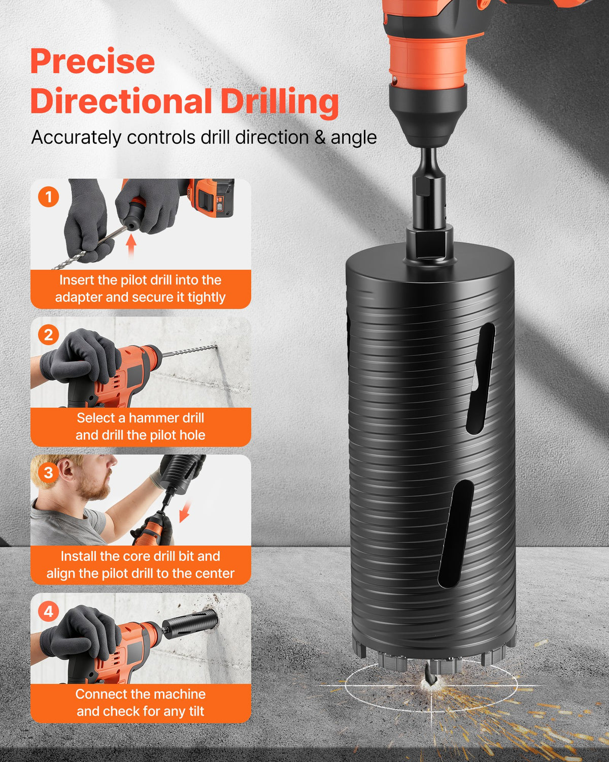 VEVOR Diamond Core Drill Bit for Dry Drilling, 102 mm Diameter, 241 mm Drilling Depth, M16 Internal Thread, Includes 3 Adapters, Centre Drill and Hex Key for Reinforced Concrete, Bricks and Masonry