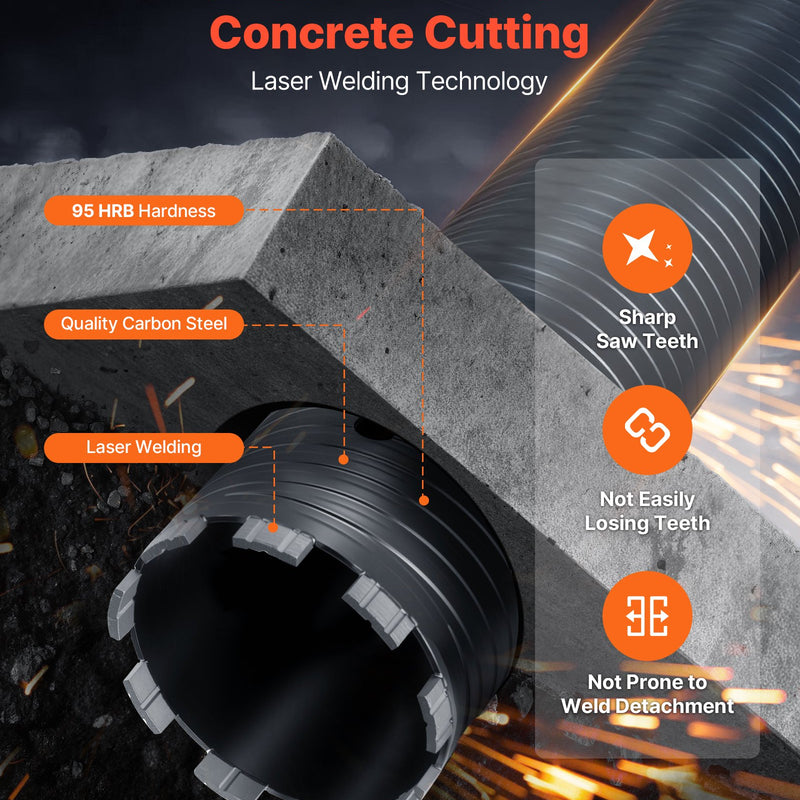 VEVOR dimanta kroņurbis sausajai urbšanai, diametrs 102 mm, urbšanas dziļums 241 mm, M16 iekšējā vītne, komplektā 3 adapteri, centrurbis un sešstūra atslēga dzelzsbetonam, ķieģeļiem un mūrim