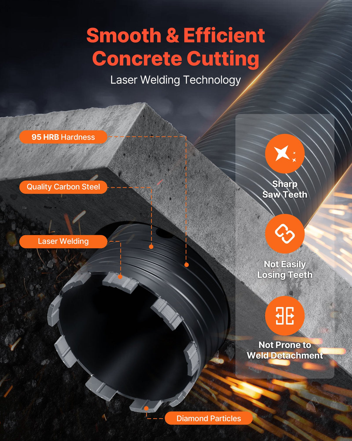 VEVOR Diamond Core Drill Bit for Dry Drilling, 102 mm Diameter, 241 mm Drilling Depth, M16 Internal Thread, Includes 3 Adapters, Centre Drill and Hex Key for Reinforced Concrete, Bricks and Masonry