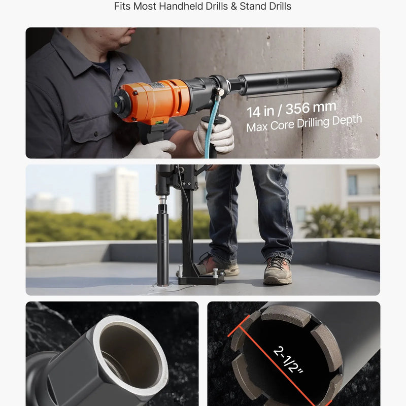 VEVOR dimanta kroņurbis mitrajai urbšanai, diametrs 63,5 mm, urbšanas dziļums 356 mm, 1-1/4″-7 iekšējā vītne, augstas precizitātes metinājums dzelzsbetonam, ķieģeļiem un mūrim