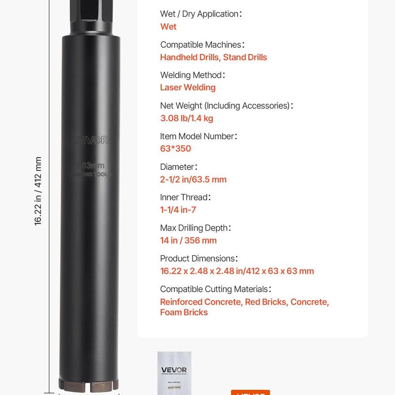 VEVOR dimanta kroņurbis mitrajai urbšanai, diametrs 63,5 mm, urbšanas dziļums 356 mm, 1-1/4″-7 iekšējā vītne, augstas precizitātes metinājums dzelzsbetonam, ķieģeļiem un mūrim