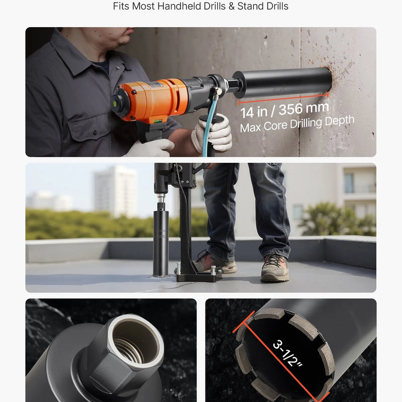 VEVOR dimanta kroņurbis mitrajai urbšanai, diametrs 89 mm, urbšanas dziļums 356 mm, 1-1/4″–7 iekšējā vītne, augstas precizitātes metinājums dzelzsbetonam, ķieģeļiem un mūrim