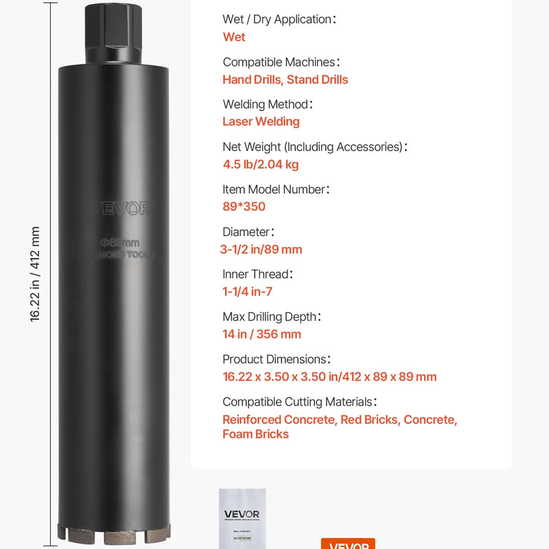 VEVOR dimanta kroņurbis mitrajai urbšanai, diametrs 89 mm, urbšanas dziļums 356 mm, 1-1/4″–7 iekšējā vītne, augstas precizitātes metinājums dzelzsbetonam, ķieģeļiem un mūrim