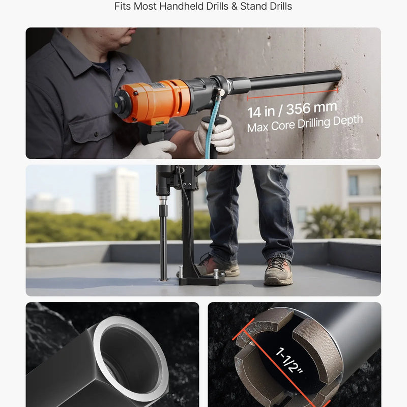 VEVOR dimanta kroņurbis, diametrs 38 mm, urbšanas dziļums 356 mm, 1-1/4″-7 iekšējā vītne, augstas precizitātes metināšana, mitrais kroņurbis dzelzsbetonam, ķieģeļiem un mūrēšanai