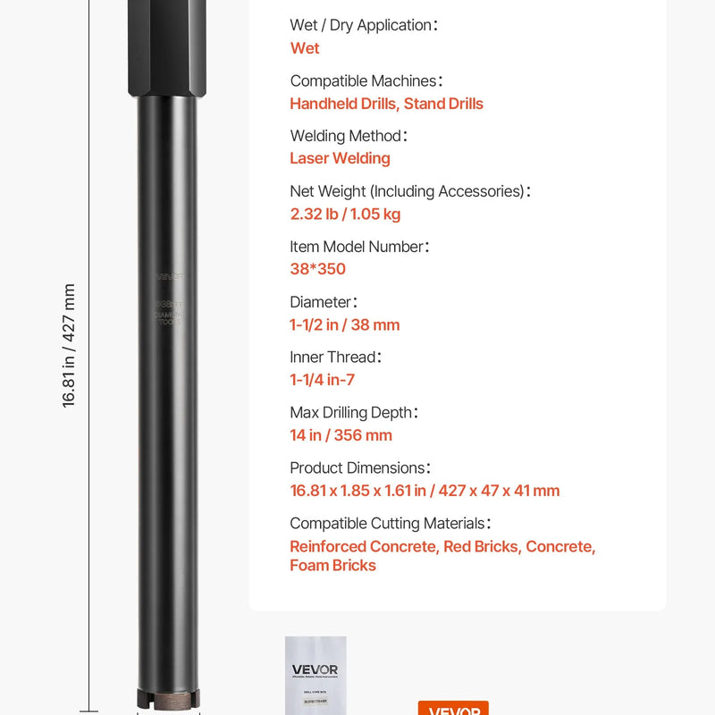 VEVOR dimanta kroņurbis, diametrs 38 mm, urbšanas dziļums 356 mm, 1-1/4″-7 iekšējā vītne, augstas precizitātes metināšana, mitrais kroņurbis dzelzsbetonam, ķieģeļiem un mūrēšanai