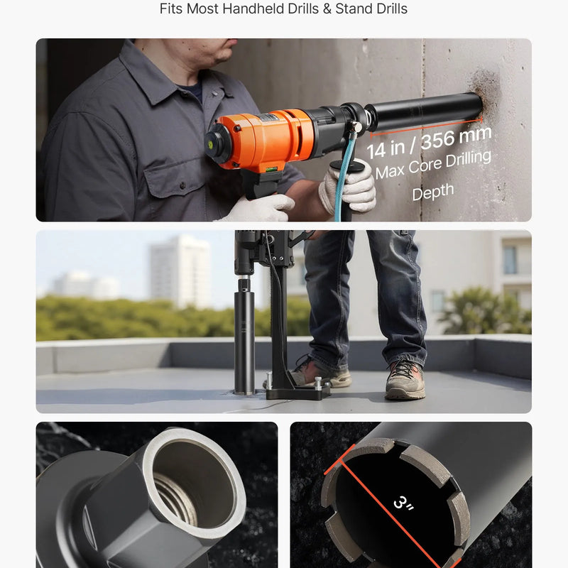 VEVOR dimanta kroņurbis mitrajai urbšanai, diametrs 76 mm, urbšanas dziļums 356 mm, 1-1/4″-7 iekšējā vītne, augstas precizitātes metinājums dzelzsbetonam, ķieģeļiem un mūrim