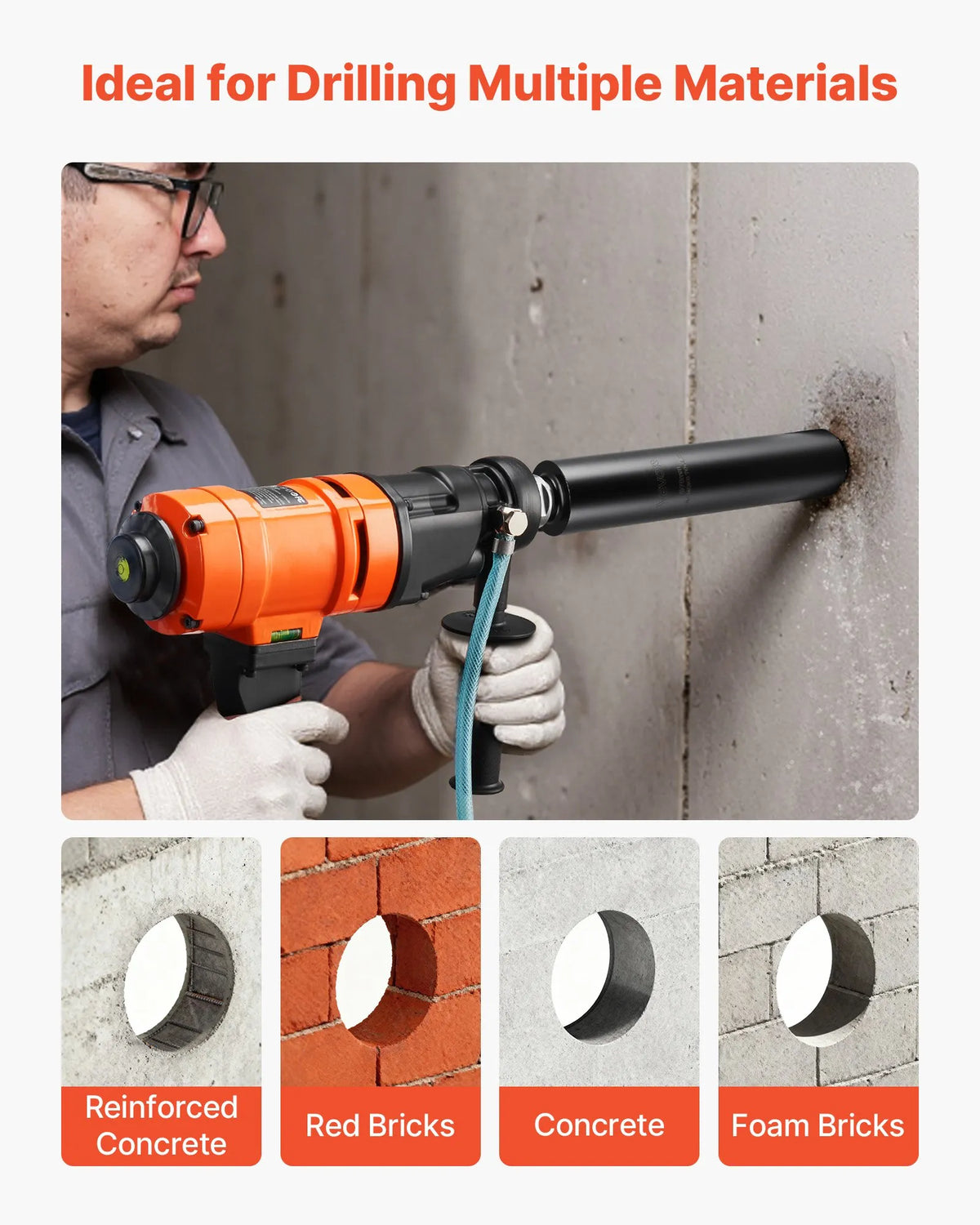 VEVOR Diamond Core Drill Bit for Wet Drilling, 76 mm Diameter, 356 mm Drilling Depth, 1-1/4″-7 Internal Thread, High-Precision Welding for Reinforced Concrete, Bricks and Masonry