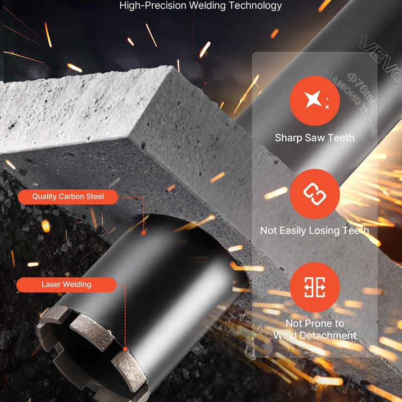 VEVOR dimanta kroņurbis mitrajai urbšanai, diametrs 76 mm, urbšanas dziļums 356 mm, 1-1/4″-7 iekšējā vītne, augstas precizitātes metinājums dzelzsbetonam, ķieģeļiem un mūrim