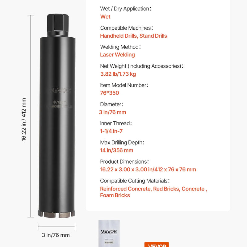 VEVOR dimanta kroņurbis mitrajai urbšanai, diametrs 76 mm, urbšanas dziļums 356 mm, 1-1/4″-7 iekšējā vītne, augstas precizitātes metinājums dzelzsbetonam, ķieģeļiem un mūrim
