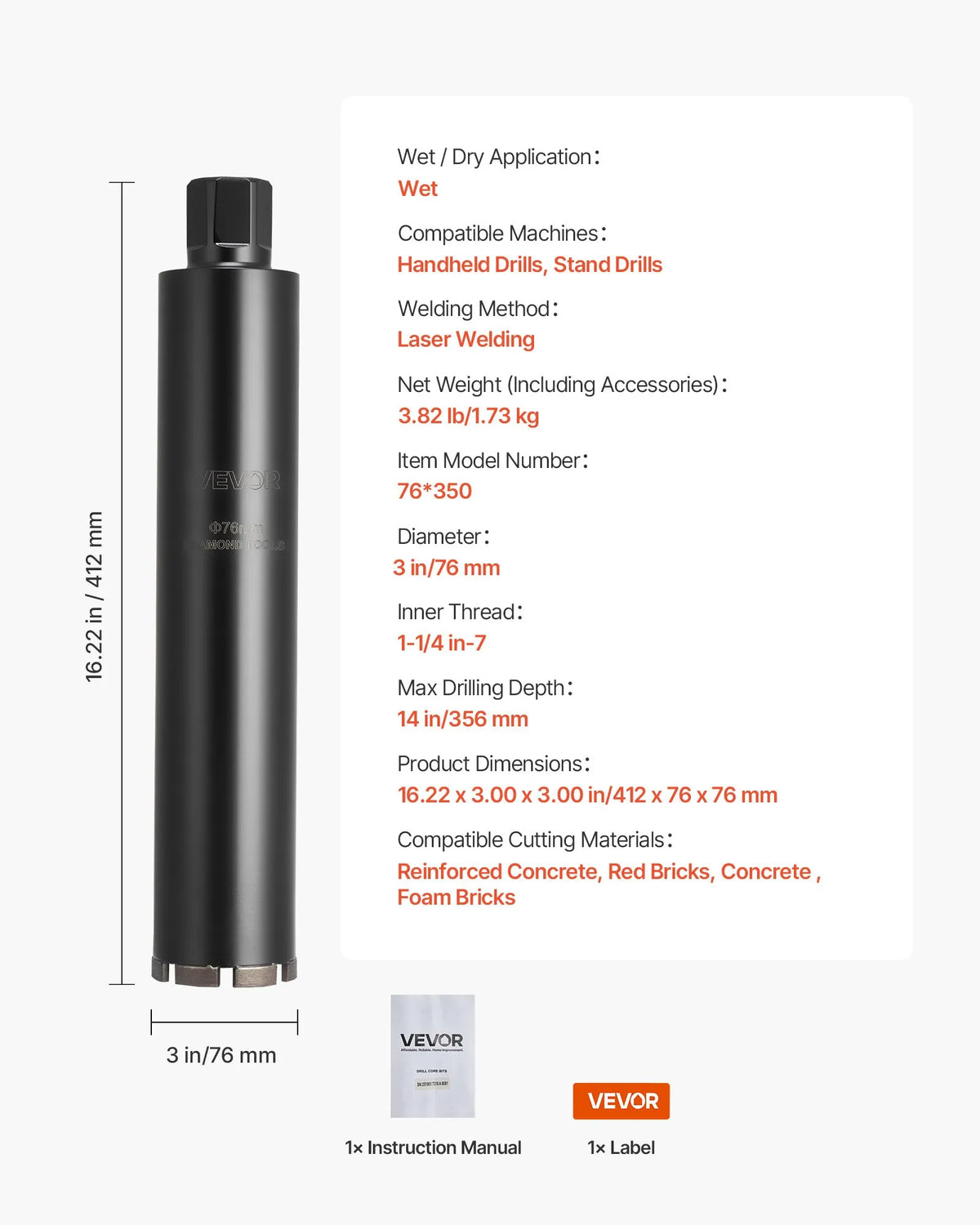 VEVOR Diamond Core Drill Bit for Wet Drilling, 76 mm Diameter, 356 mm Drilling Depth, 1-1/4″-7 Internal Thread, High-Precision Welding for Reinforced Concrete, Bricks and Masonry