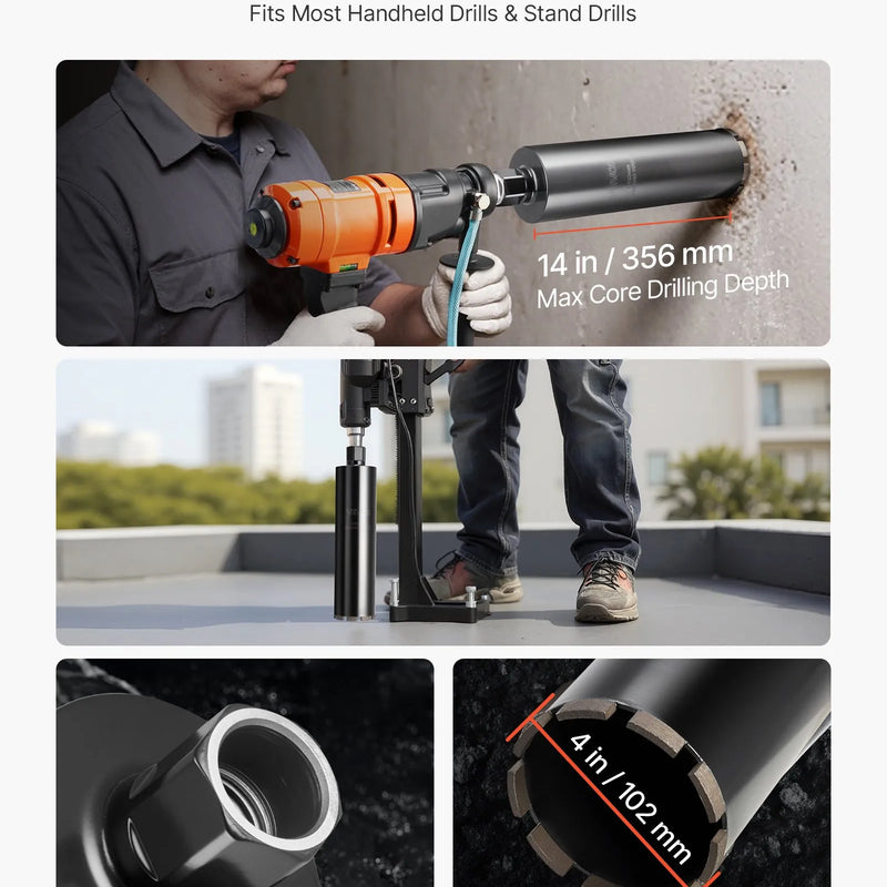 VEVOR dimanta kroņurbis mitrajai urbšanai, diametrs 102 mm, urbšanas dziļums 356 mm, 1-1/4″–7 iekšējā vītne, augstas precizitātes metinājums dzelzsbetonam, ķieģeļiem un mūrim