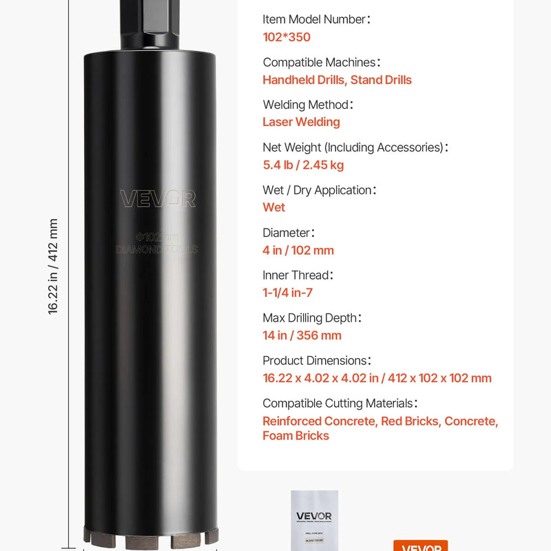 VEVOR dimanta kroņurbis mitrajai urbšanai, diametrs 102 mm, urbšanas dziļums 356 mm, 1-1/4″–7 iekšējā vītne, augstas precizitātes metinājums dzelzsbetonam, ķieģeļiem un mūrim