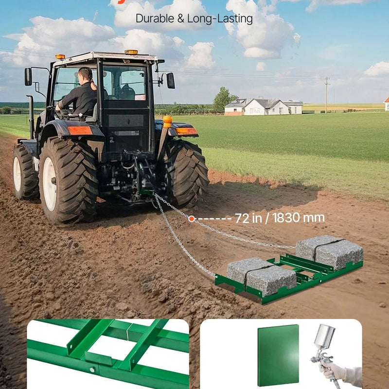 VEVOR velkamais ecēšu izlīdzinātājs, 1220 mm darba platums, Q235 tērauds, ar regulējamiem stieņiem un 1829 mm ķēdi, paredzēts ATV, UTV, traktoriem un zāles pļāvējiem, teritoriju un zāliena izlīdzināšanai - ZEMLETES.LV