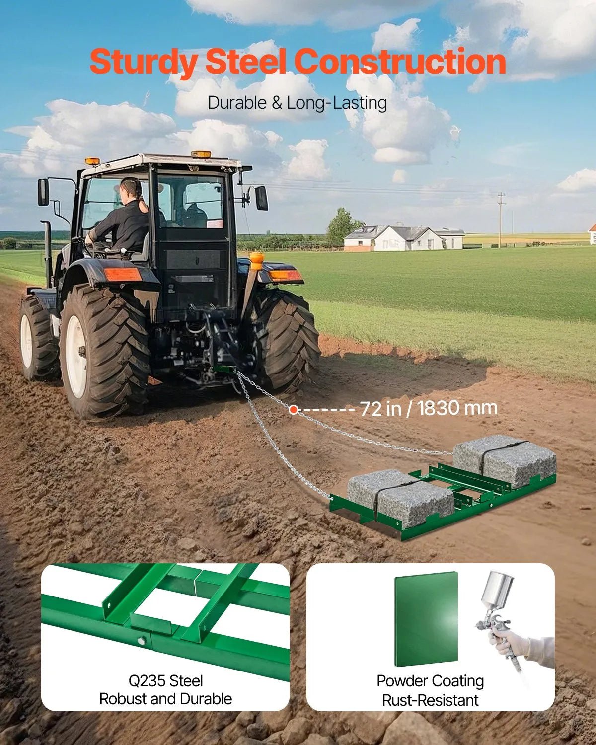 VEVOR velkamais ecēšu izlīdzinātājs, 1220 mm darba platums, Q235 tērauds, ar regulējamiem stieņiem un 1829 mm ķēdi, paredzēts ATV, UTV, traktoriem un zāles pļāvējiem, teritoriju un zāliena izlīdzināšanai - ZEMLETES.LV