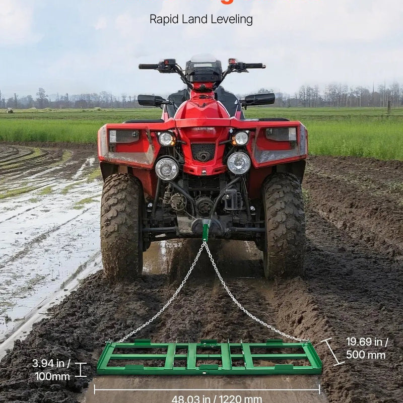 VEVOR velkamais ecēšu izlīdzinātājs, 1220 mm darba platums, Q235 tērauds, ar regulējamiem stieņiem un 1829 mm ķēdi, paredzēts ATV, UTV, traktoriem un zāles pļāvējiem, teritoriju un zāliena izlīdzināšanai - ZEMLETES.LV
