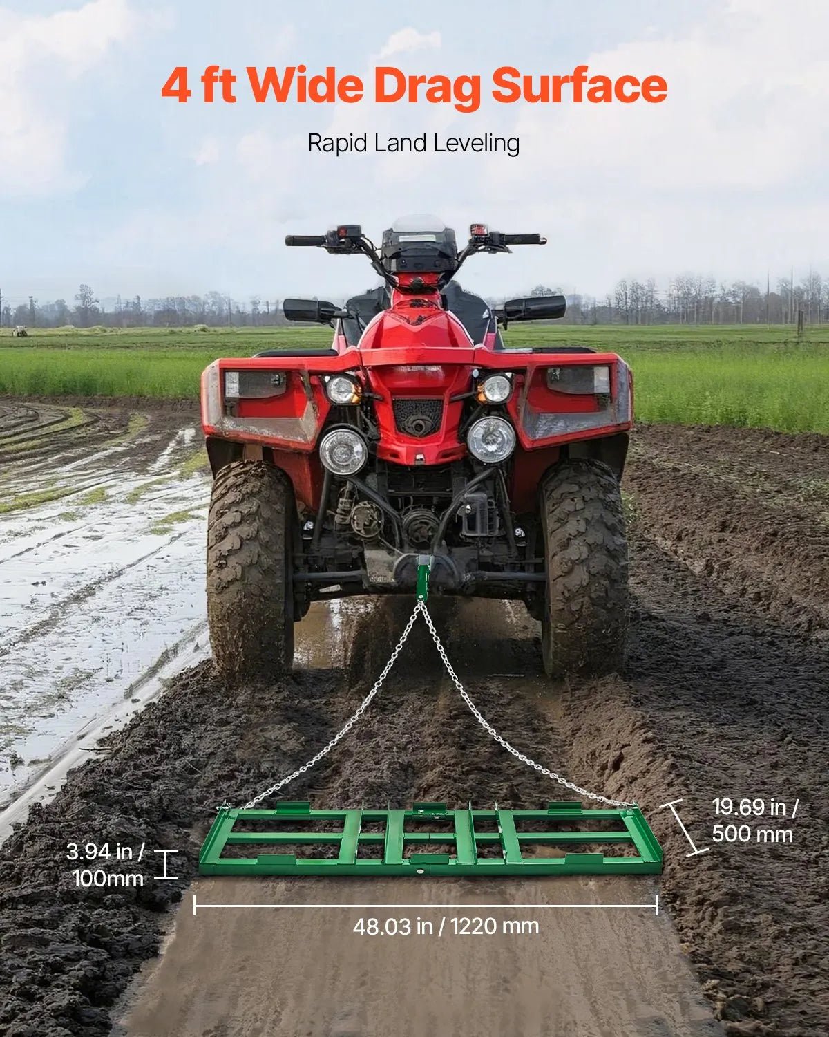 VEVOR velkamais ecēšu izlīdzinātājs, 1220 mm darba platums, Q235 tērauds, ar regulējamiem stieņiem un 1829 mm ķēdi, paredzēts ATV, UTV, traktoriem un zāles pļāvējiem, teritoriju un zāliena izlīdzināšanai - ZEMLETES.LV