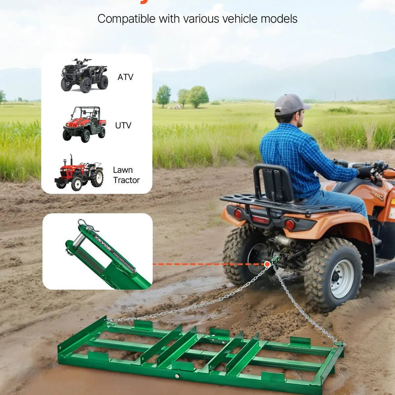 VEVOR velkamais ecēšu izlīdzinātājs, 1220 mm darba platums, Q235 tērauds, ar regulējamiem stieņiem un 1829 mm ķēdi, paredzēts ATV, UTV, traktoriem un zāles pļāvējiem, teritoriju un zāliena izlīdzināšanai - ZEMLETES.LV